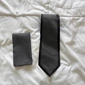 Piattelli Platinum Mens Tie and Pocket Square Set Black Silver Geometric Luxury